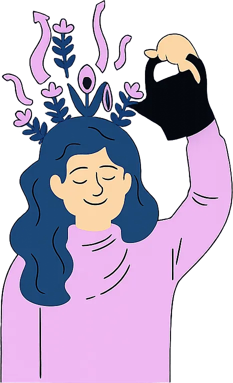 Ilustração de uma mulher serena regando flores que brotam da própria cabeça