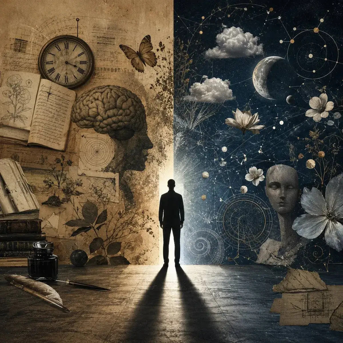 Colagem dividida em dois mundos — de um lado relógio, livros e um cérebro; do outro, lua, constelações e flores — com a silhueta de uma pessoa diante da fronteira iluminada