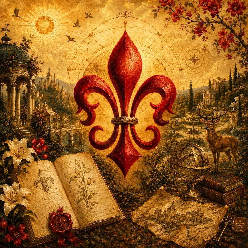 Cena pictórica em tons dourados e vermelhos com uma grande flor de lis vermelha ao centro, cercada de símbolos: sol, círculo astrológico, livro aberto, esfera armilar, um cervo e jardins