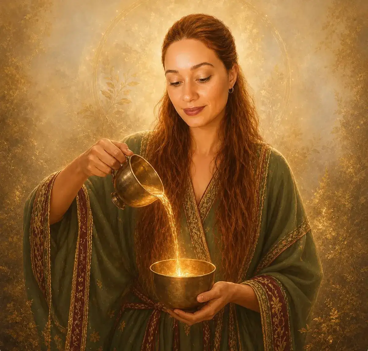 Mulher de vestes verdes vertendo água luminosa dourada de uma taça para uma tigela