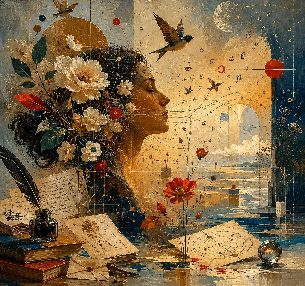 Colagem simbólica: perfil de mulher em tons dourados, com flores no cabelo, pássaros e cartas manuscritas