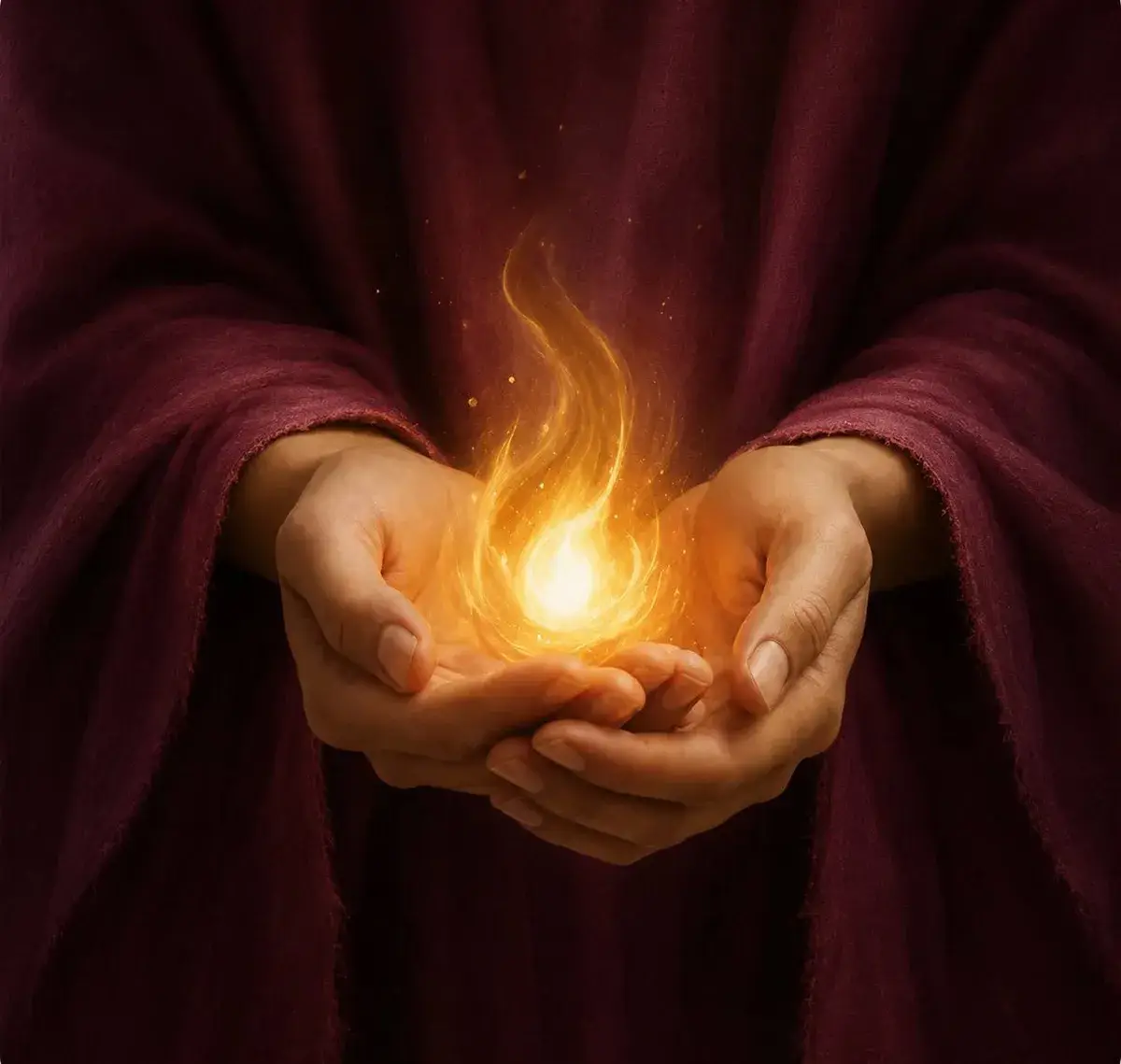 Mãos em concha segurando uma chama de luz dourada, sobre um manto vermelho